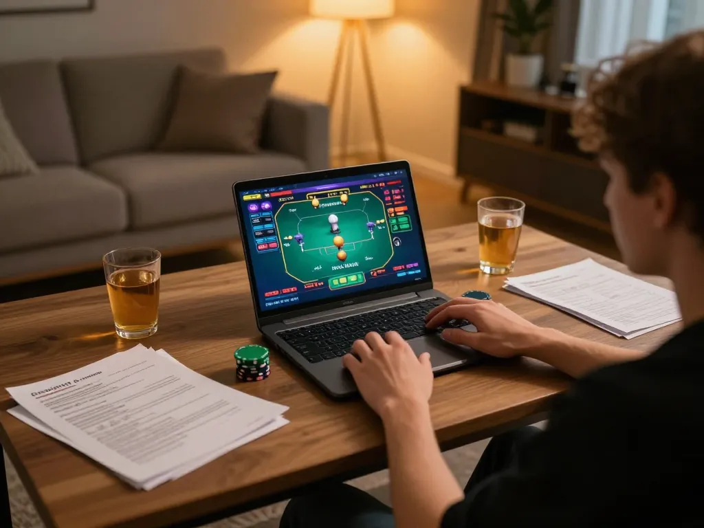 Engaging in TR88 bet online gaming at home with laptop and strategy notes.