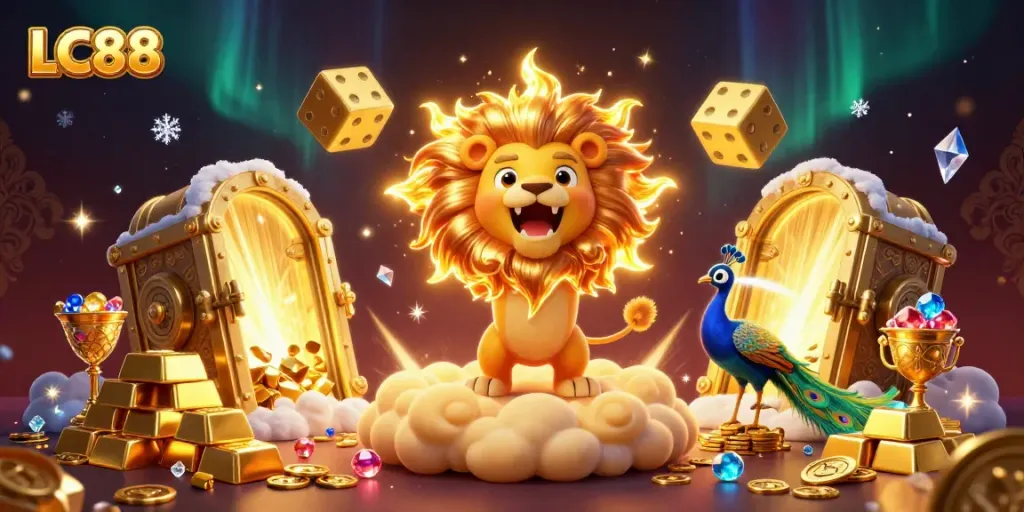 Win big with LC88 in a vibrant, dynamic 3D casino scene featuring golden treasures and playful elements.