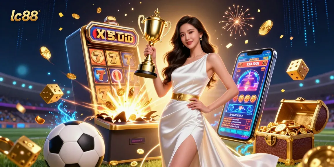 Experience the excitement of lc88 with a photorealistic woman triumphantly holding a trophy in a dynamic casino setting.