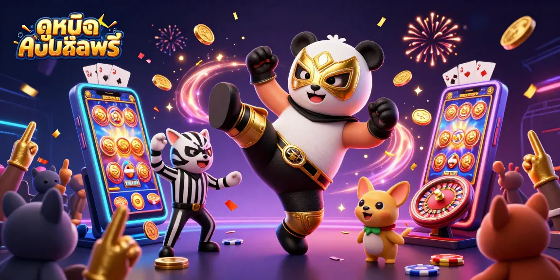 Experience ดูหนังออนไลน์ฟรี with vibrant 3D action as a panda wrestler performs amidst casino game excitement.