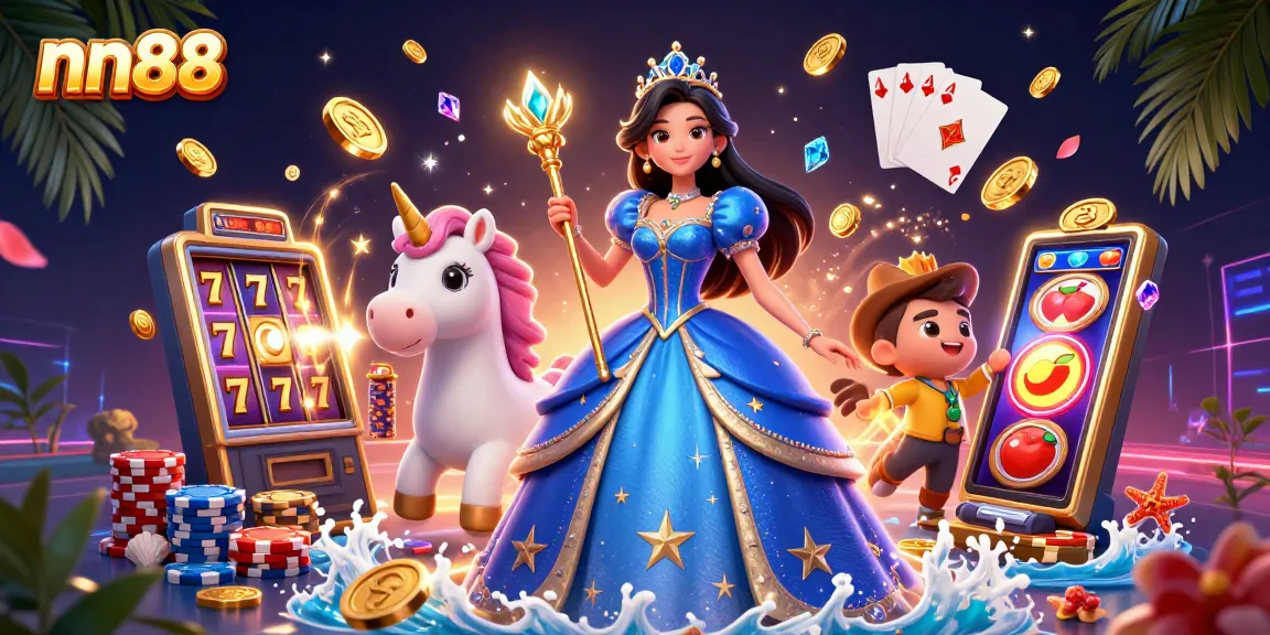 Win big at nn88 with a vibrant 3D scene of a stylish woman and a unicorn in a casino.
