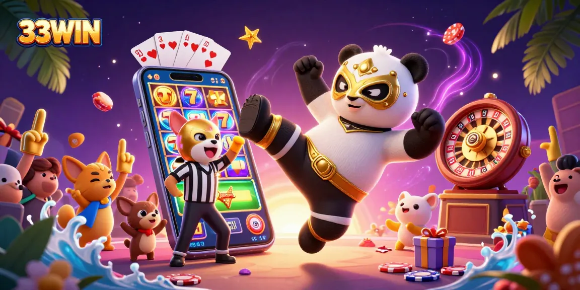Experience the thrill of 33WIN with a panda wrestler in action over slot games and prizes.