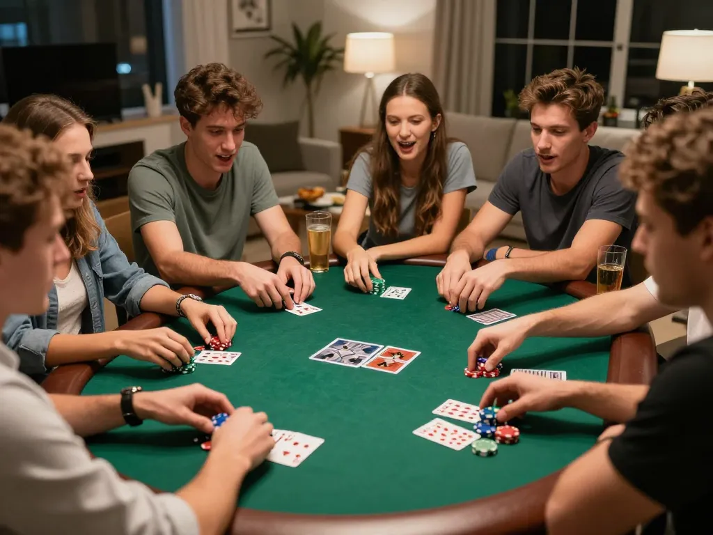 Friends strategizing in an exciting poker game for the MANCLUB experience, enjoying drinks and snacks.