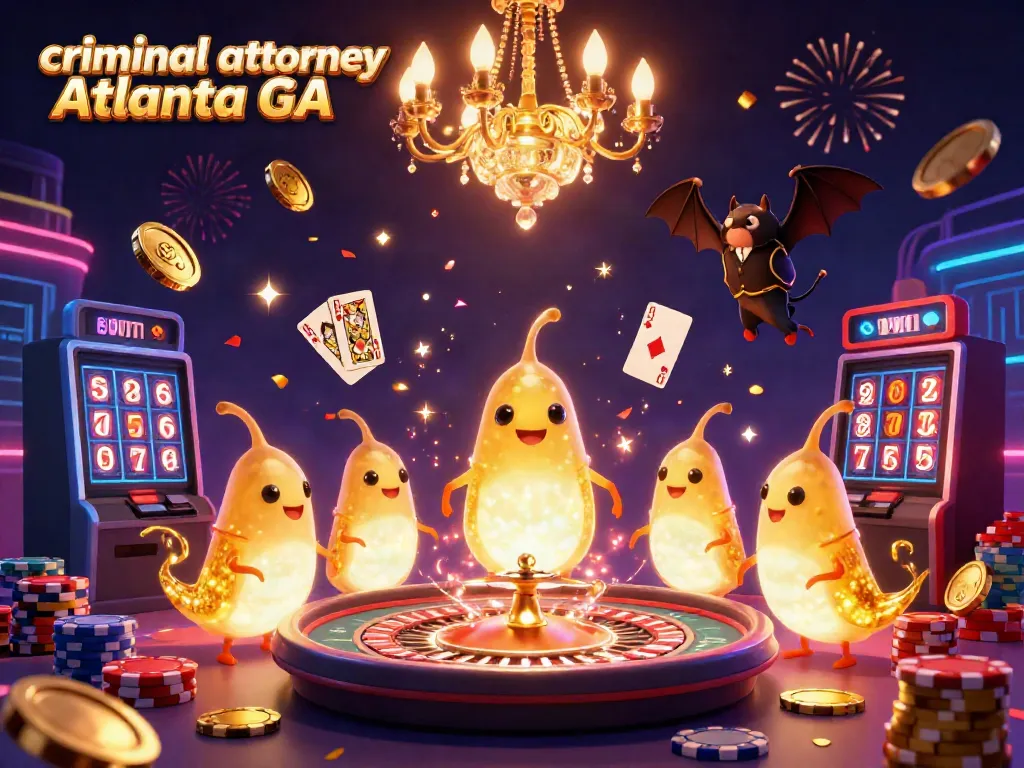 Capture the excitement of winning with a scene featuring the vibrant glowworms and a bat dealer in a lively casino, showcasing the expertise of criminal attorney Atlanta GA.