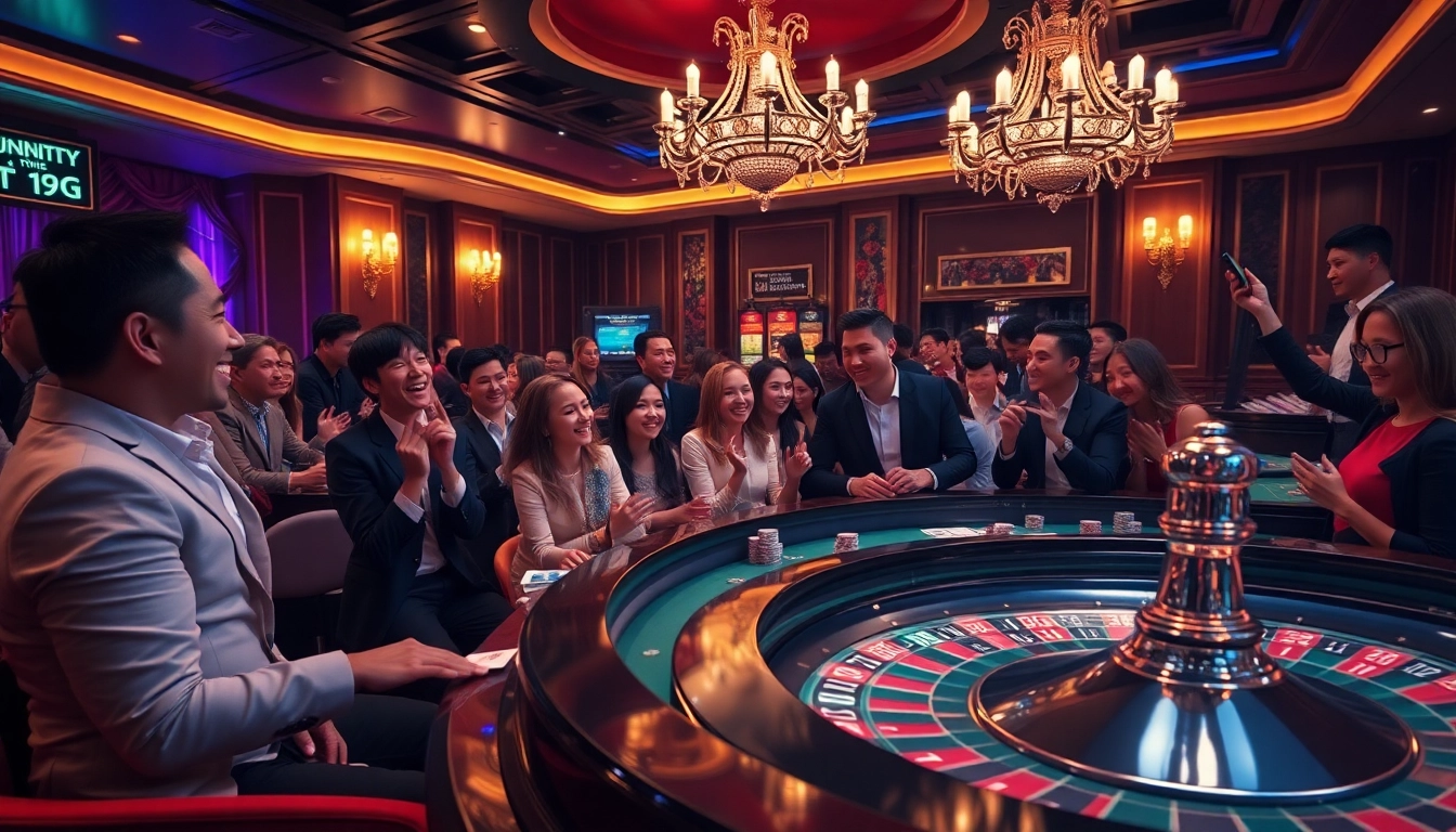XỔ SỐ 123GA players cheering around a glamorous casino table with colorful poker chips.