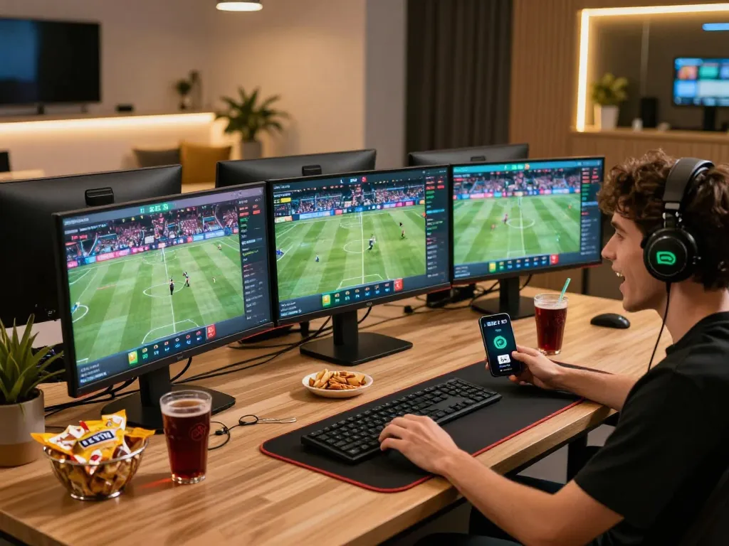 Engaging in online sports betting with ZBET app on multiple screens in a vibrant home setting