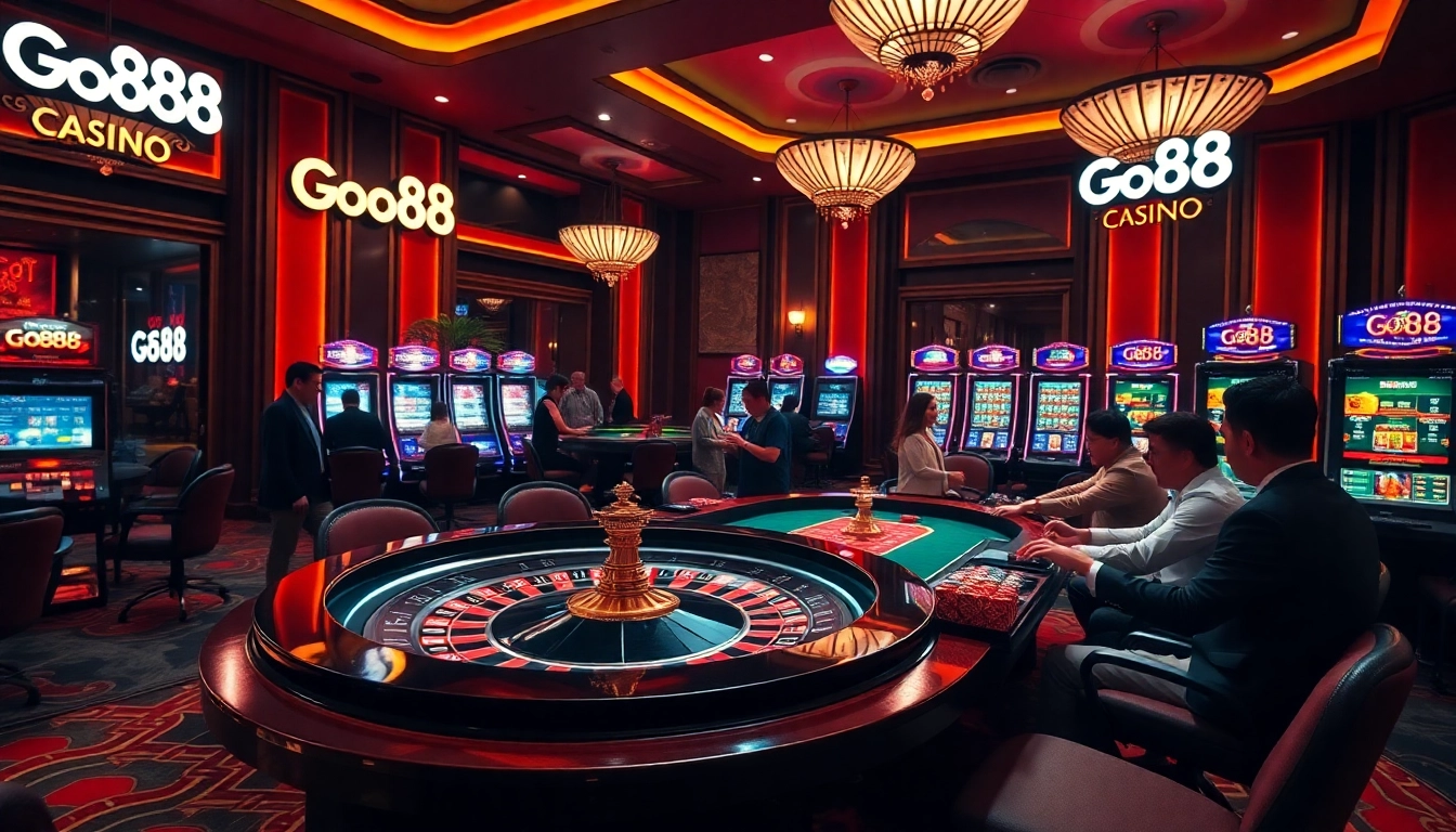 Excited players betting at Go88's roulette table in a vibrant casino setting with luxurious decor.