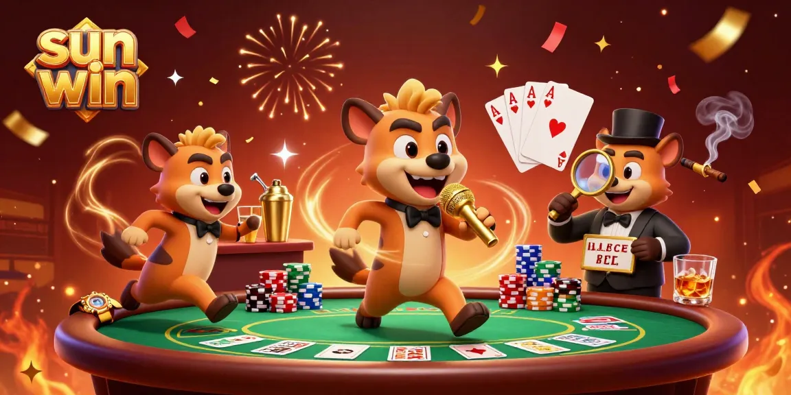 Engage in the lively atmosphere of sun win with hyenas running a casino, surrounded by vibrant game elements.