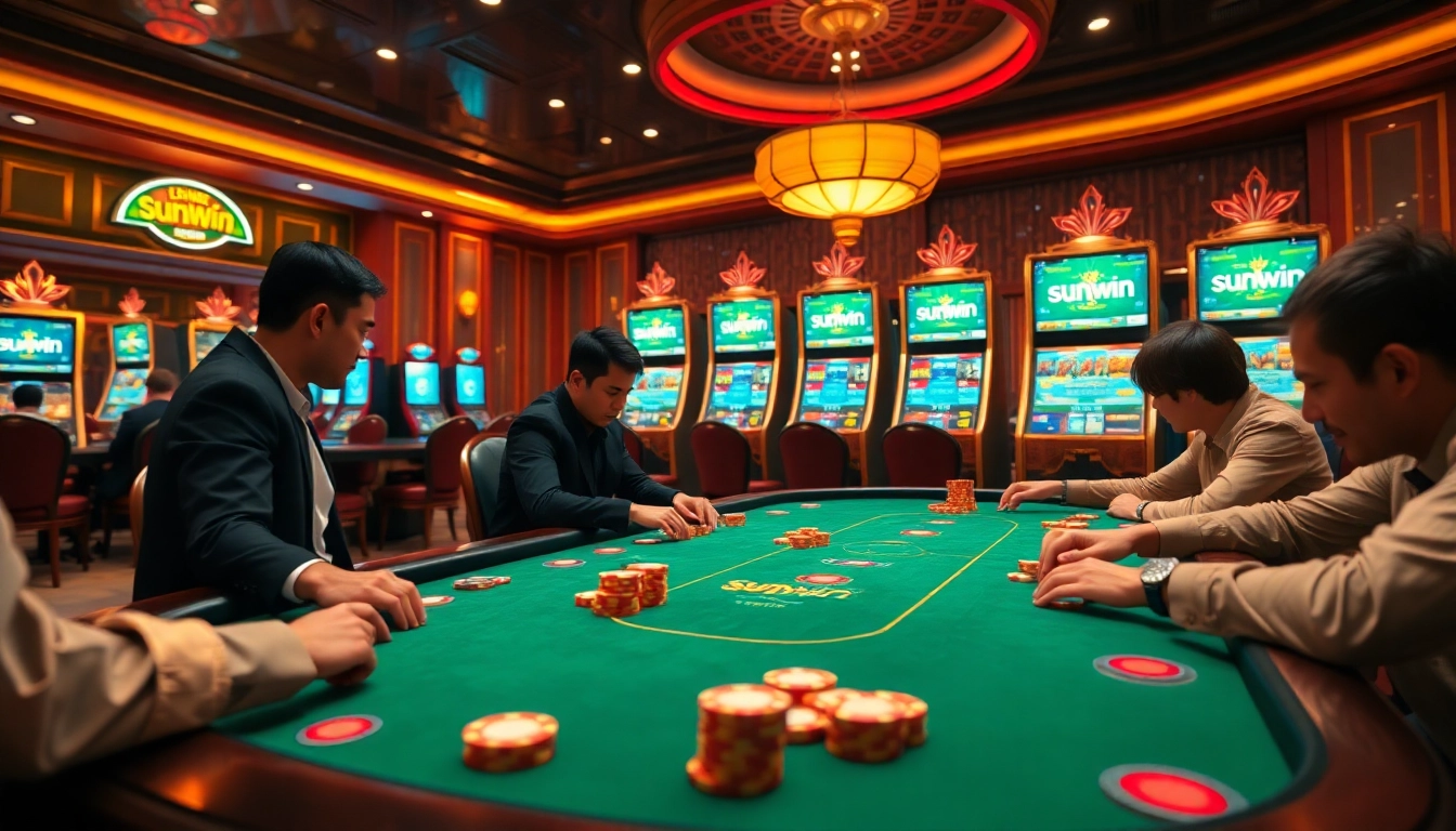 Betting excitement at a sunwin-themed poker table with high-stakes players in a luxurious casino.