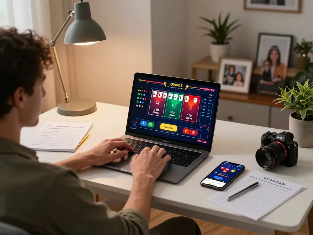 Player engaged in online gambling with 789win on a stylish laptop, showcasing poker action.