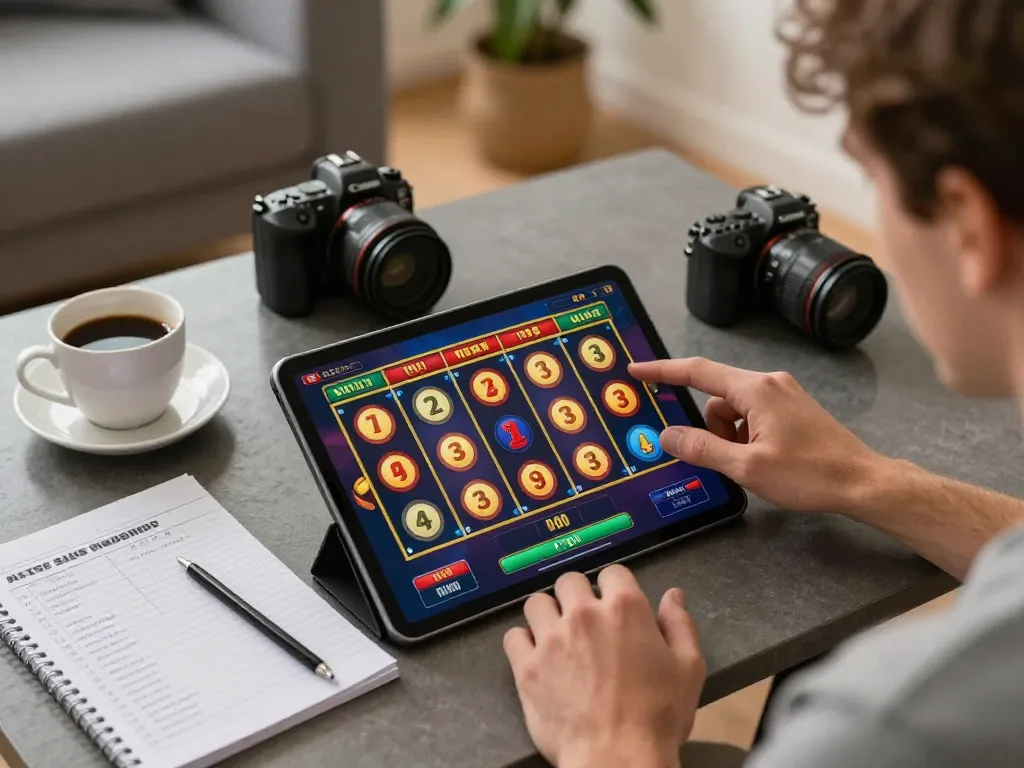 OKFUN player engaging in vibrant slot game on tablet in cozy gaming setup