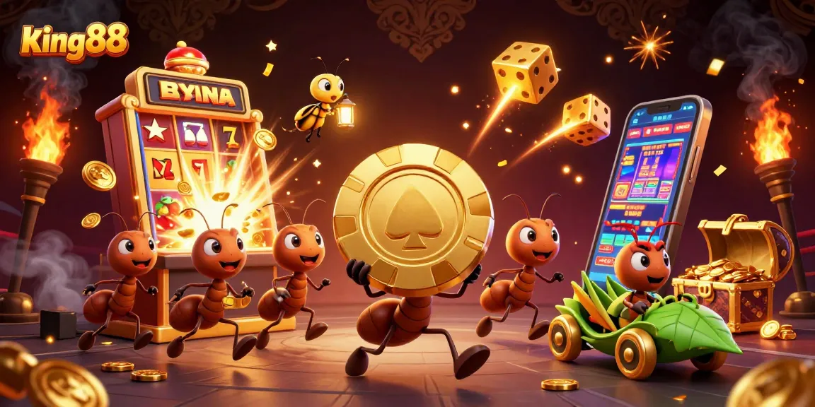 Experience thrilling gaming with king88 as cartoon ants heist golden chips amidst dynamic casino elements.