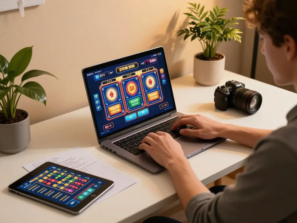 Person engaging at home with online casino, showcasing top 10 nhà cái uy tín gaming strategies on screen.