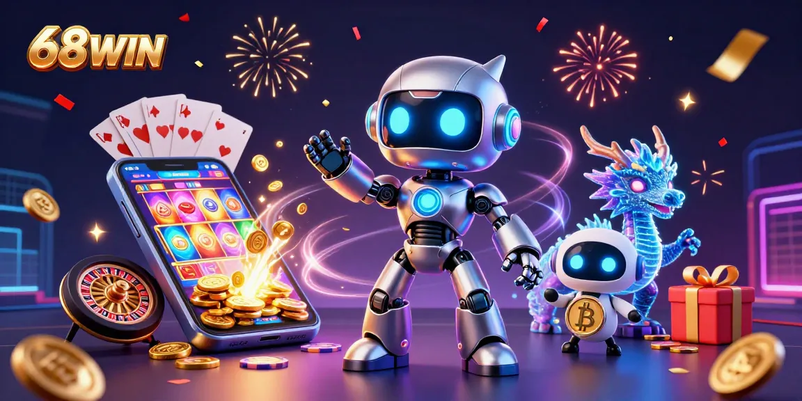 Experience thrilling gaming adventures with the 68WIN robot mascot, interactive slot games, and vibrant casino elements.