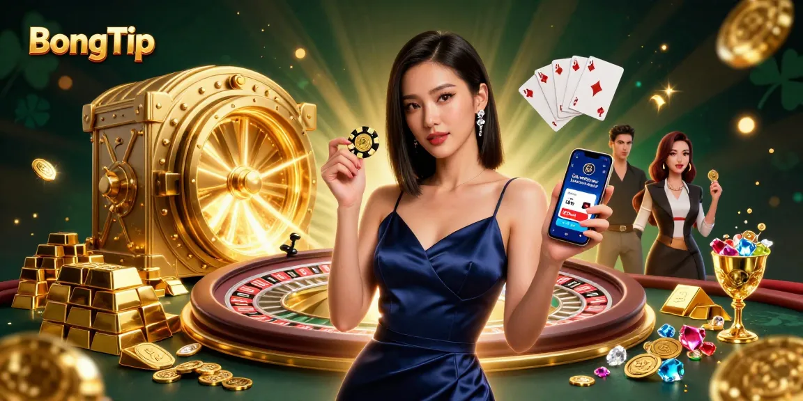 Win big with BongTip in this vibrant casino scene filled with gold and glamour.