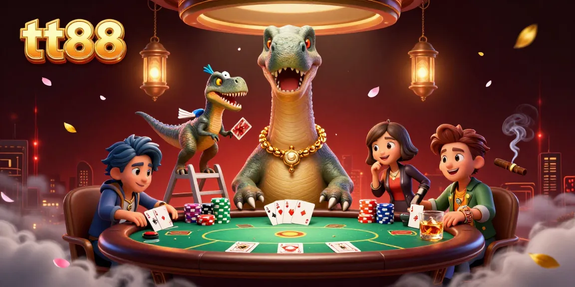Experience the excitement at tt88 casino with a dynamic 3D scene featuring a towering brontosaurus and poker action.