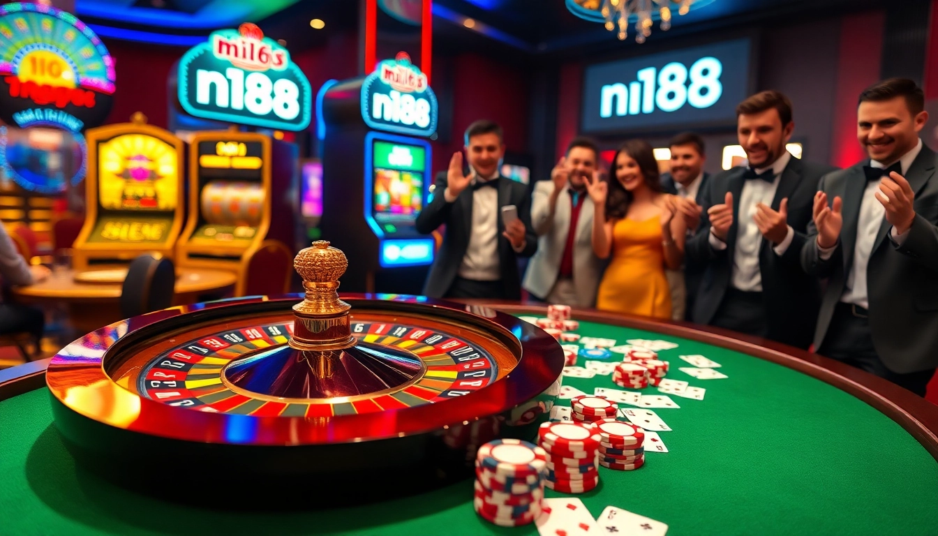 N188 players winning at a luxurious roulette table in a vibrant casino.