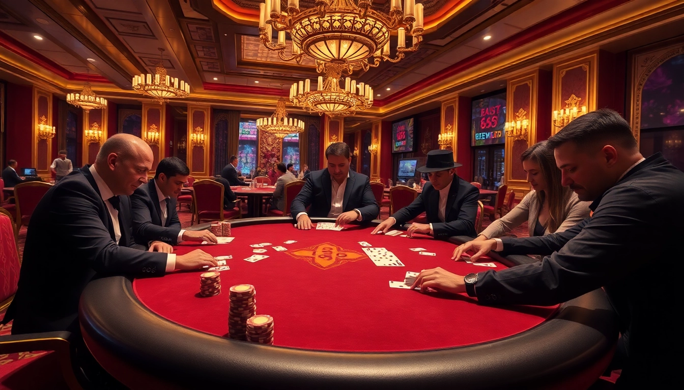 Engaging poker game scene at an upscale casino showcasing HM88 gaming excitement.