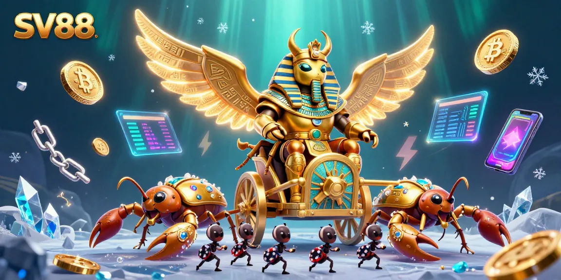 Engage with SV88's exciting casino games featuring a golden scarab and colorful elements.