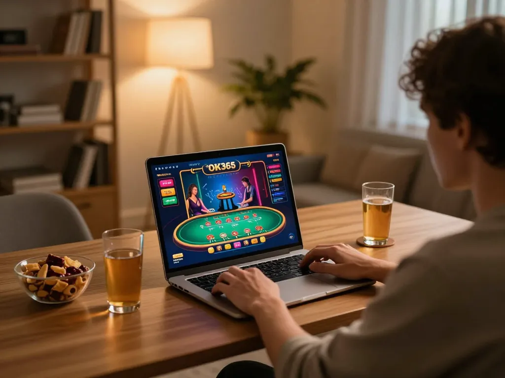 Player engaging with OK365 online gaming interface at home, highlighting immersive casino experience.