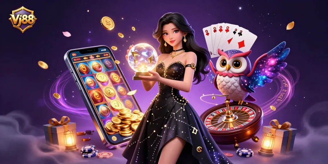 Engage with Vj88's immersive casino world as a mystical woman conjures luck with a crystal ball.