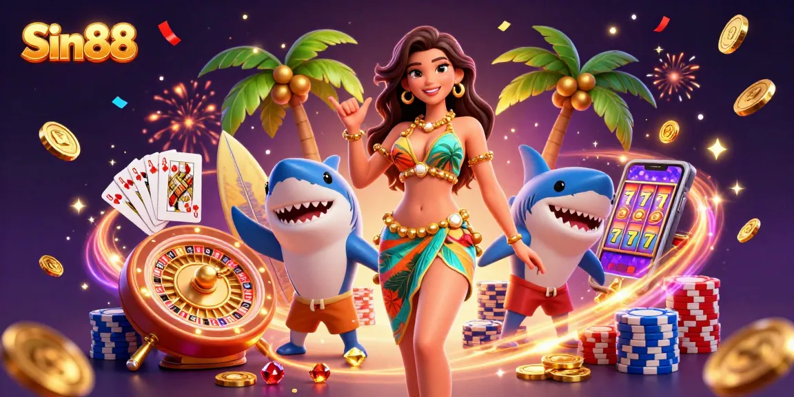 Experience the thrill of Sin88 casino with a vibrant 3D illustration featuring games and lucky symbols.