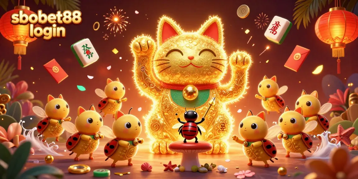 Experience the excitement of sbobet88 login through a vibrant golden cat and glowing casino elements.