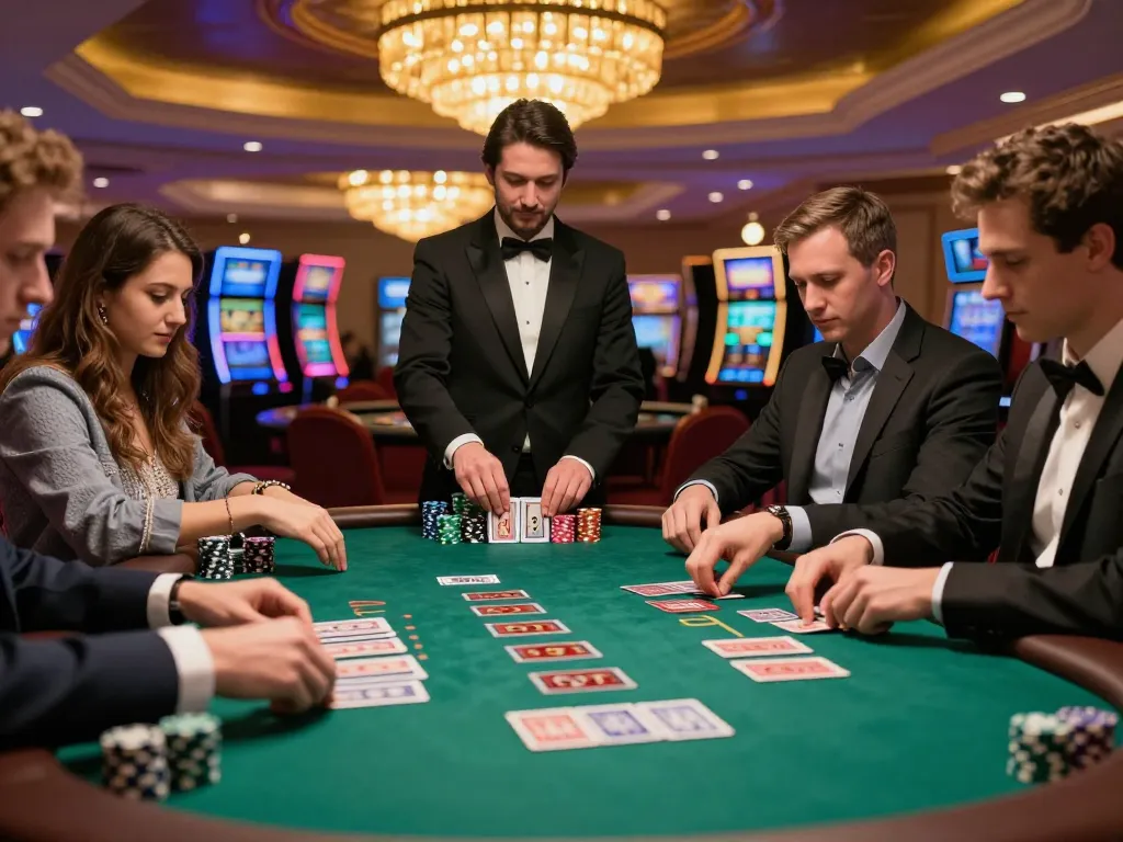 Engaged players at SC88 blackjack table showcase strategic gameplay in upscale casino.