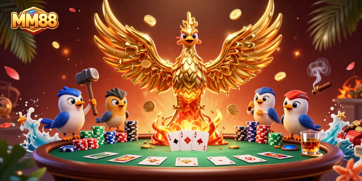 Experience the excitement of MM88 with a spectacular casino scene bursting with vibrant colors and dynamic energy.