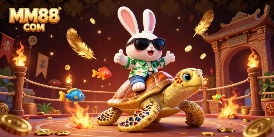 Engage in vibrant casino fun with MM88 COM featuring a lucky rabbit and golden turtle.