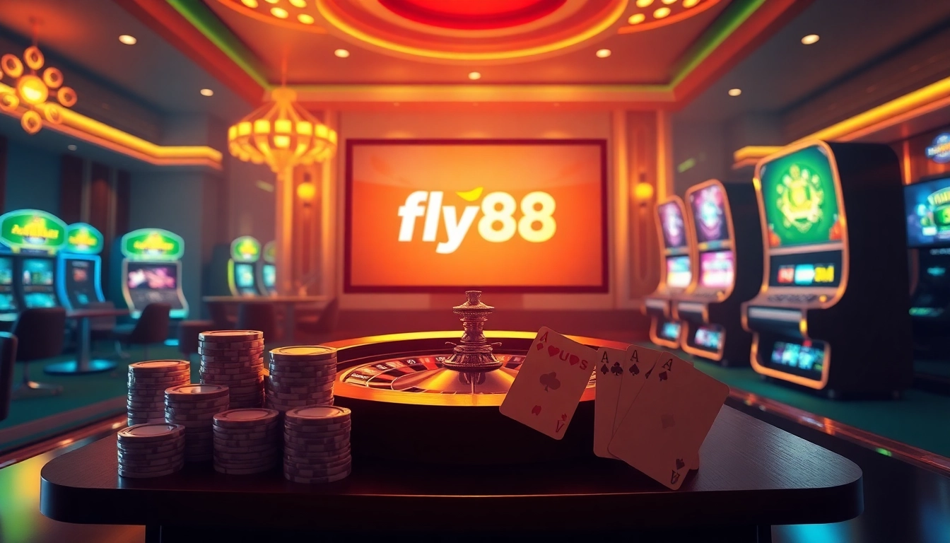 Dynamic gaming scene featuring nhà cái fly88 with poker chips and cards.