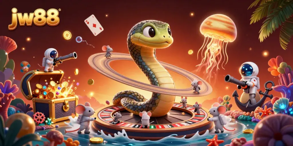 Experience thrilling gameplay with jw88 at this dynamic cosmic casino scene featuring a roulette wheel and betting mice.