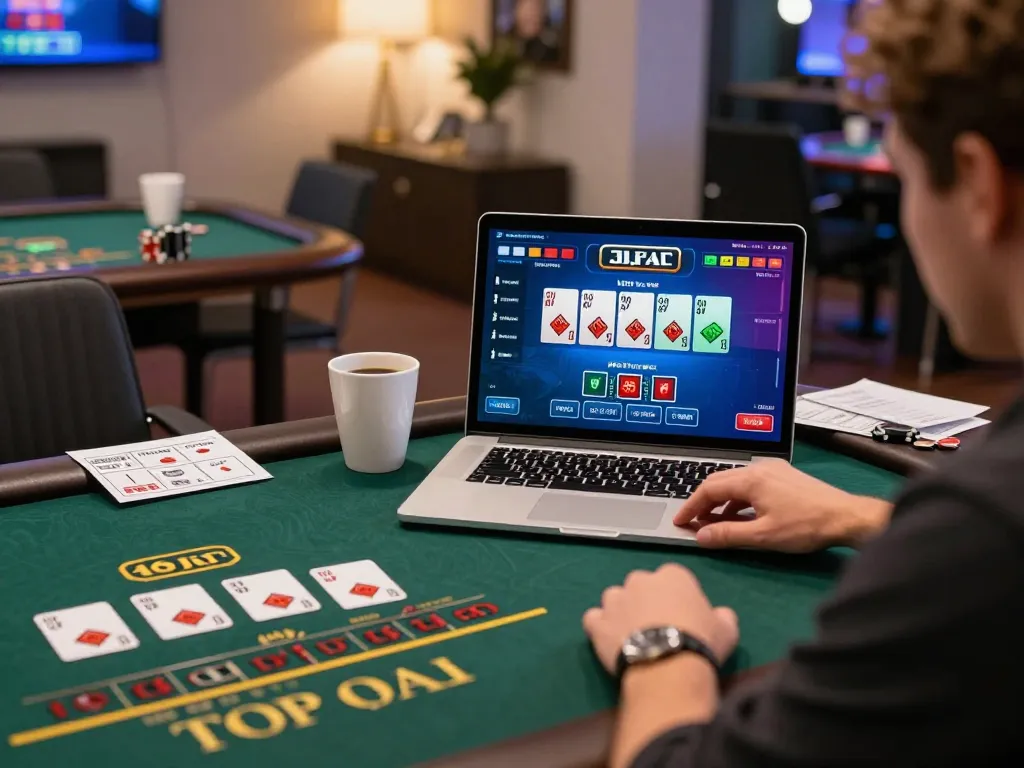 Player winning at Sunwin blackjack on a laptop, vibrant game interface and cozy atmosphere