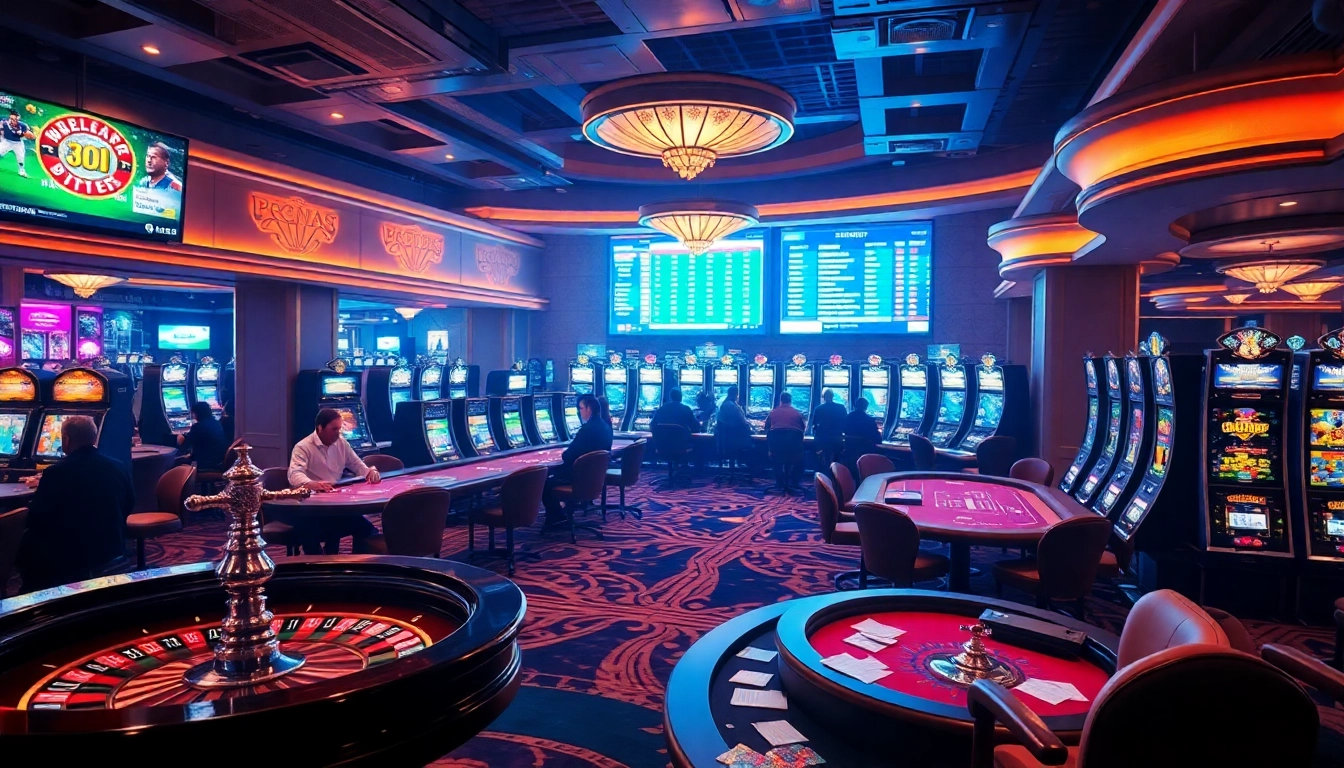 Gamblers enjoying high-stakes play at MV88's luxurious casino tables and vibrant slot machines.