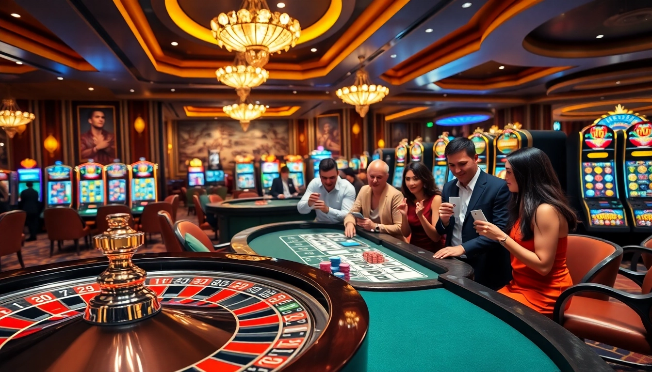 Players enjoying a high-stakes game at UU88 casino, featuring roulette and blackjack tables.