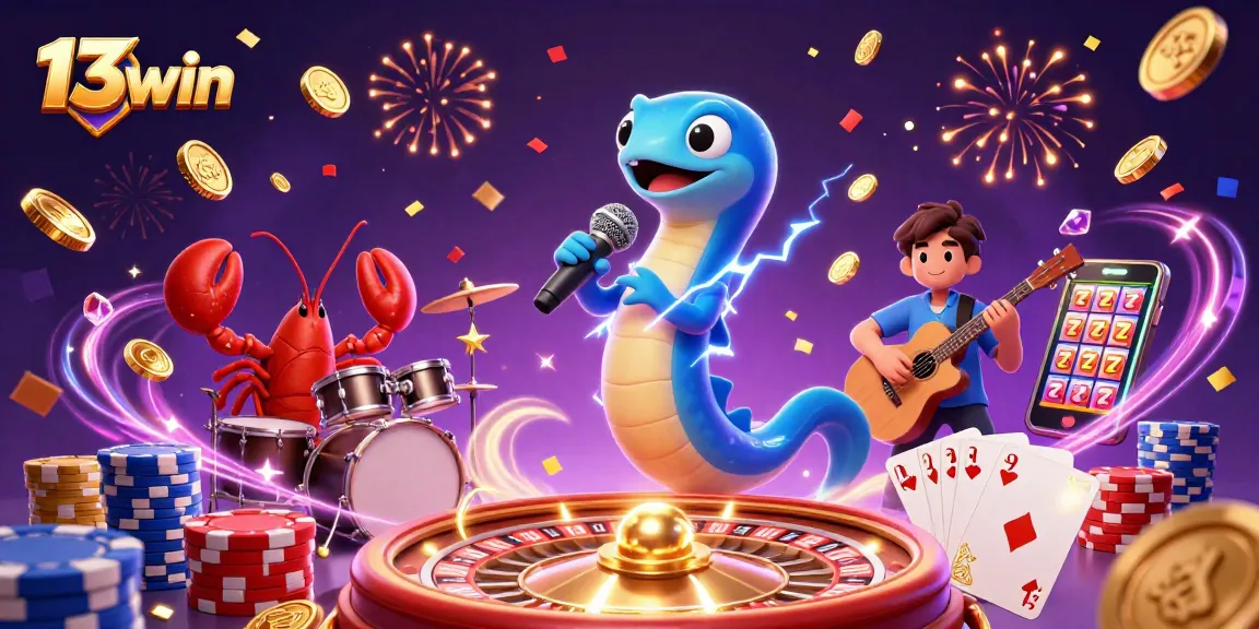 Engage with 13win's vibrant underwater casino scene featuring lively characters and dynamic casino elements.