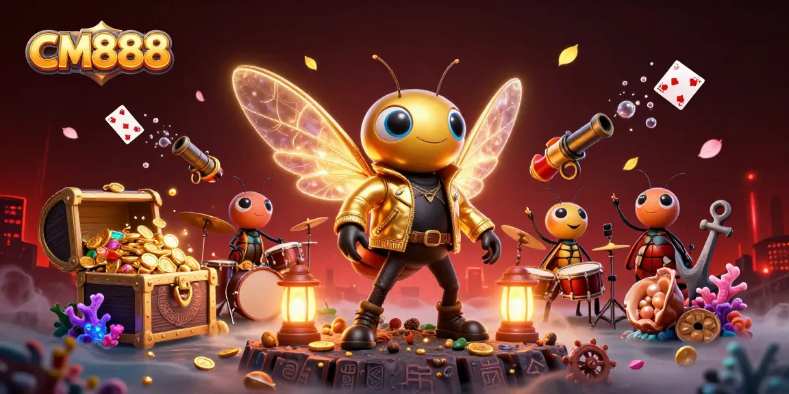 CM888 casino extravaganza features a vibrant 3D scene with cartoon characters amidst an explosion of treasures.