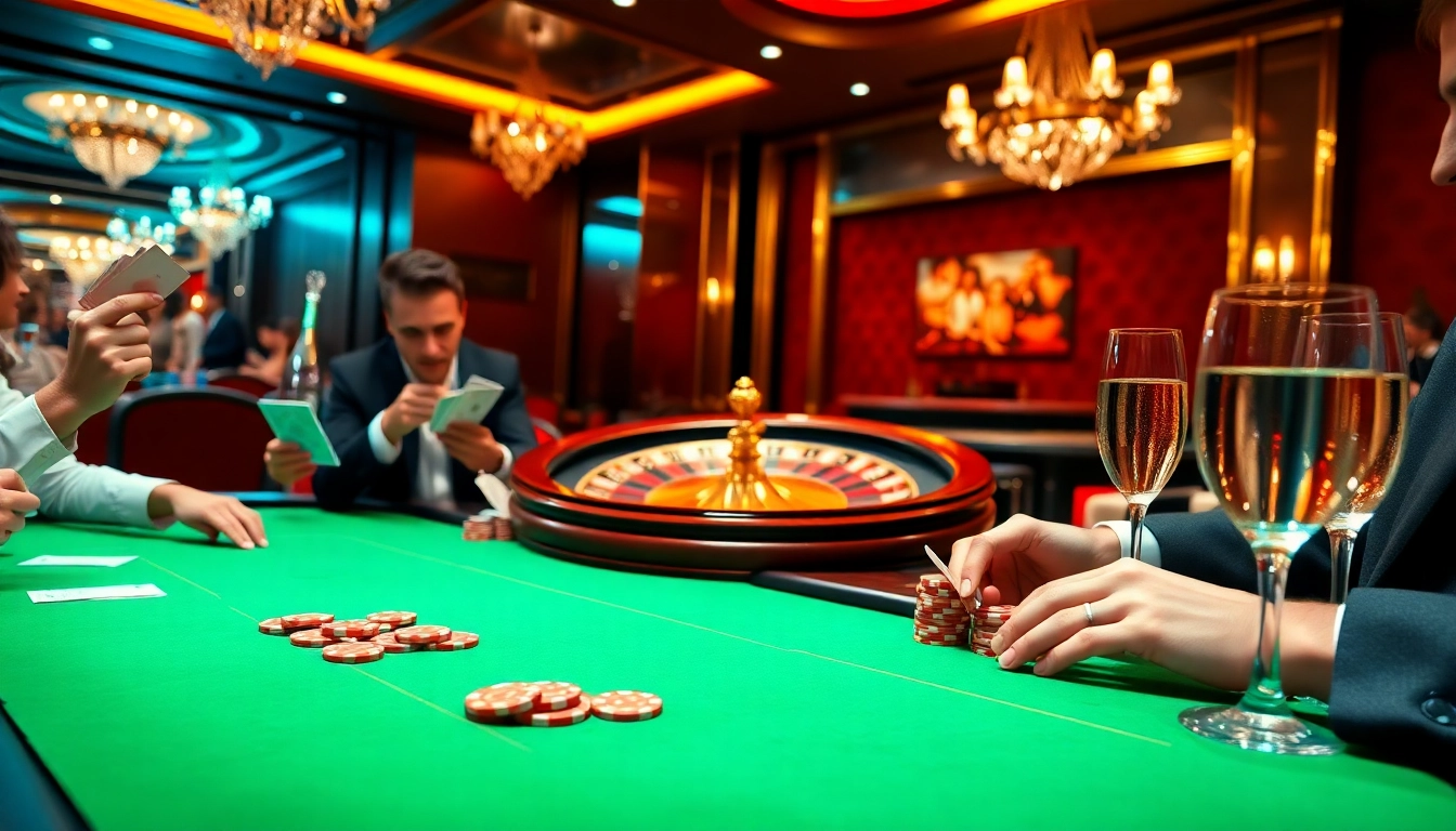 Winning players celebrate at the HITCLUB poker table in an upscale casino.