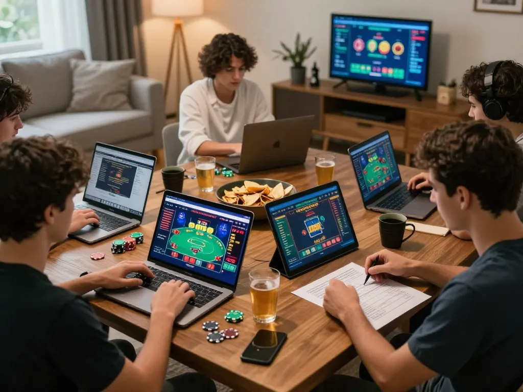 Players enjoying va88 online casino games on laptops with inviting home decor.