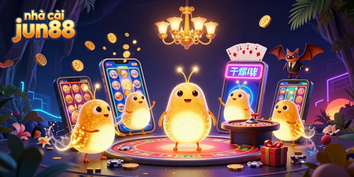 Experience the excitement at nhà cái jun88 with vibrant slot games and glowing casino elements.