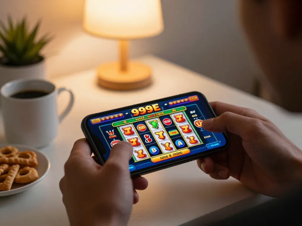 Player interacting with the 999E casino app in a cozy setting, showcasing mobile gameplay excitement.