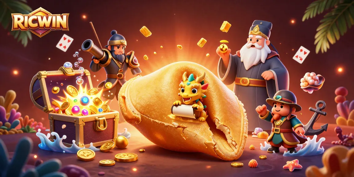 Experience RICWIN with dynamic gaming scenes featuring a golden fortune cookie and wise dragon.