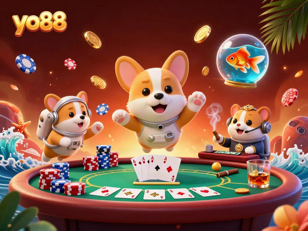 Join the fun at yo88 with a vibrant scene of a corgi astronaut in a casino flying poker chips!