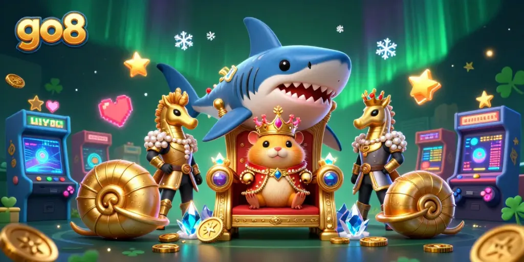 Experience thrilling gameplay at go8 with a fierce hamster king ruling from his megalodon throne amid vibrant casino elements.