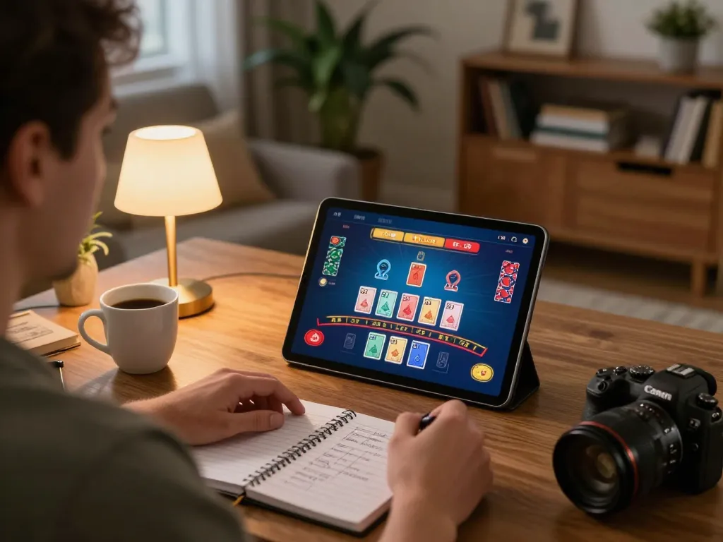 Sun win player placing a bet at a live blackjack table on their tablet in a cozy home setting