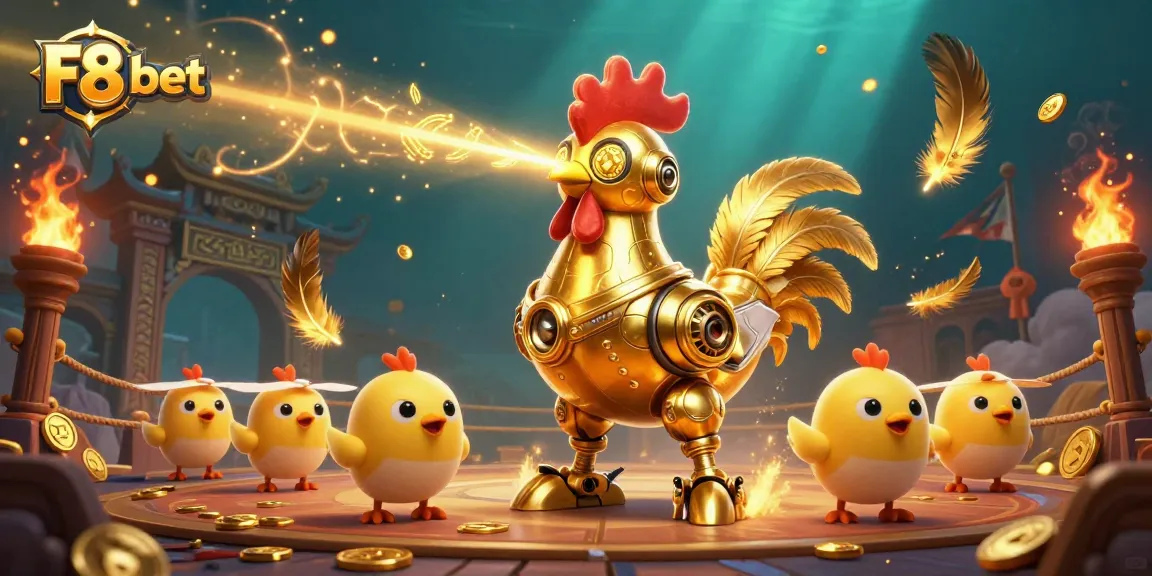 Experience the excitement of F8 bet with a dynamic scene featuring a golden rooster robot and baby chicks amid casino elements.