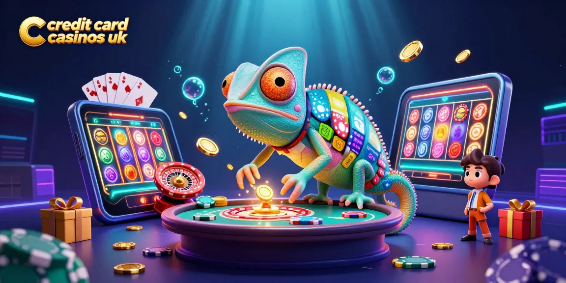 Experience the excitement of credit card casinos UK with vibrant gaming elements and a lively chameleon character.