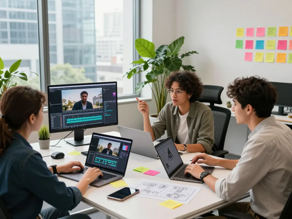 Team collaborating on Seedance AI video production platform in modern office