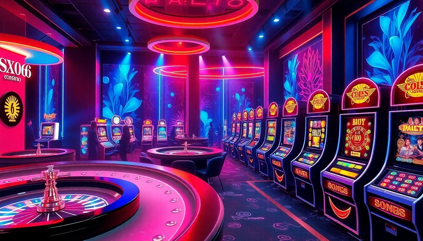 Xoso66 players enjoying a vibrant online casino experience filled with roulette wheels and poker chips.