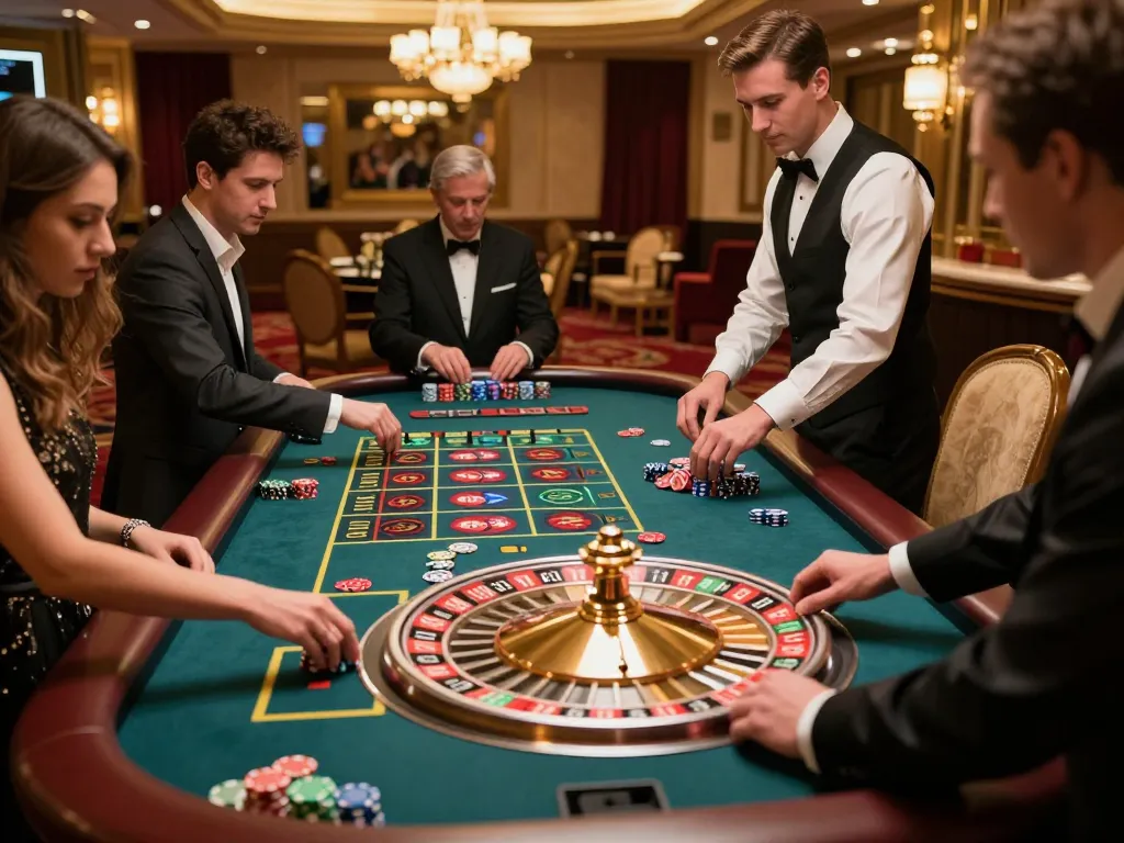Ricbet roulette players placing bets at an upscale casino, capturing dynamic gameplay moment.